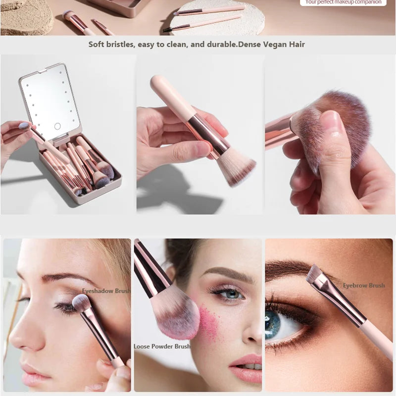 Juego de brochas de maquillaje profesional de 14 piezas con espejo iluminado y brochas de mango corto recargables por USB