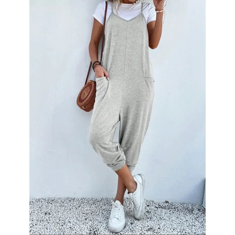 Plus Size Casual Zomer Dames Losse Mouwloze Jumpsuit Met Wijde Pijpen en Zakken - Comfortabele en Ademende Kleding (1XL-5XL)