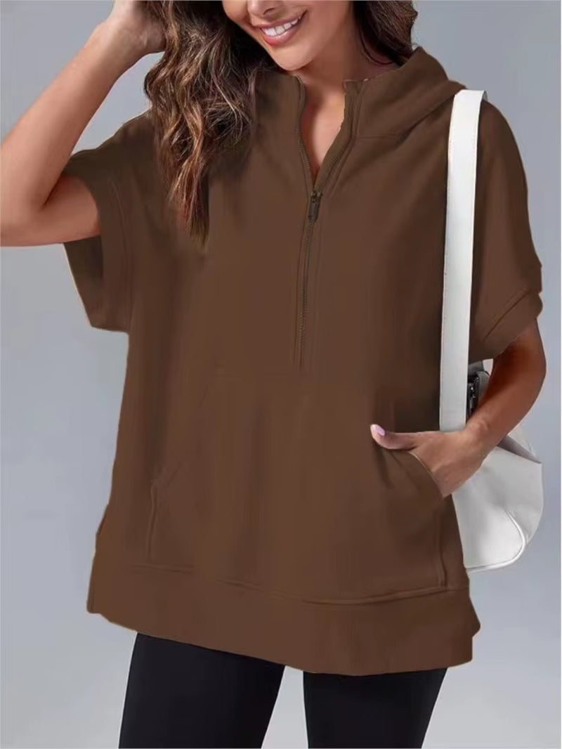 Casual High Street sweatshirt met capuchon voor dames met rits en zakken - Effen ontwerp met korte mouwen
