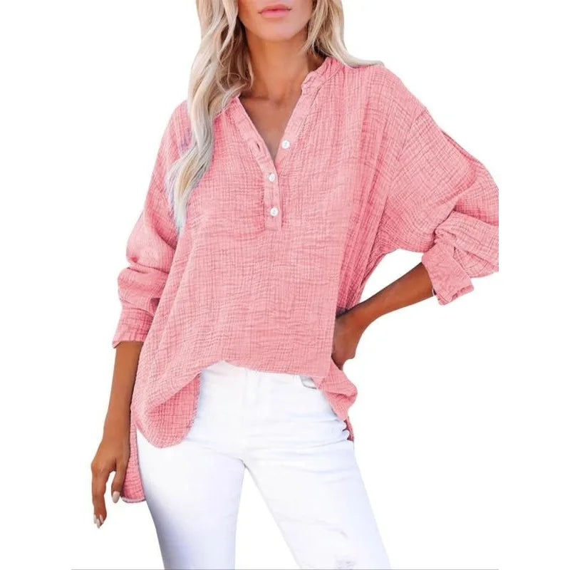 Plus Size Dames Casual Button-Up Shirts - Zomer Losse Geplooide V-Hals Lange Mouw Blouses (1XL-5XL)