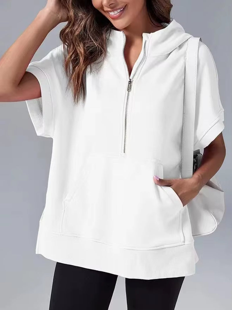 Casual High Street sweatshirt met capuchon voor dames met rits en zakken - Effen ontwerp met korte mouwen