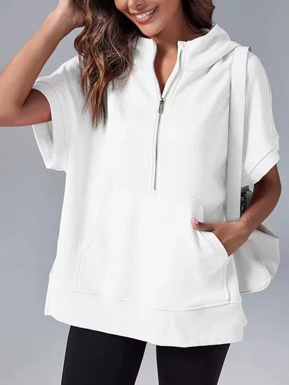 Casual High Street sweatshirt met capuchon voor dames met rits en zakken - Effen ontwerp met korte mouwen