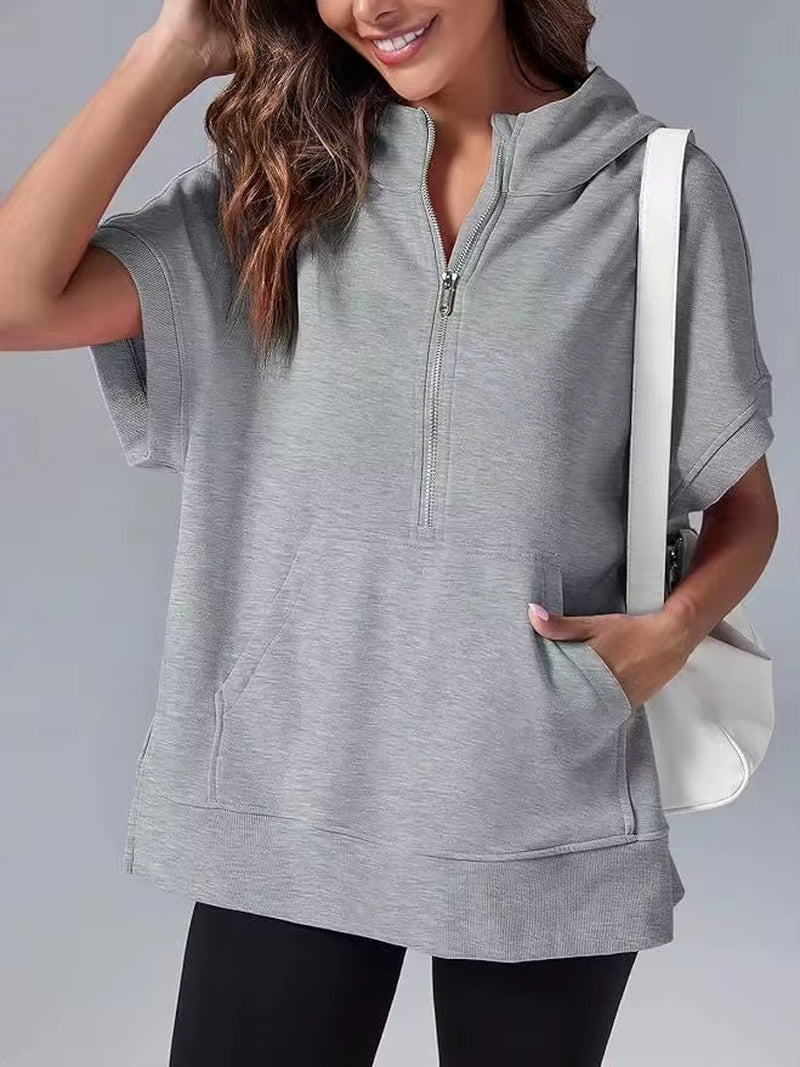 Casual High Street sweatshirt met capuchon voor dames met rits en zakken - Effen ontwerp met korte mouwen