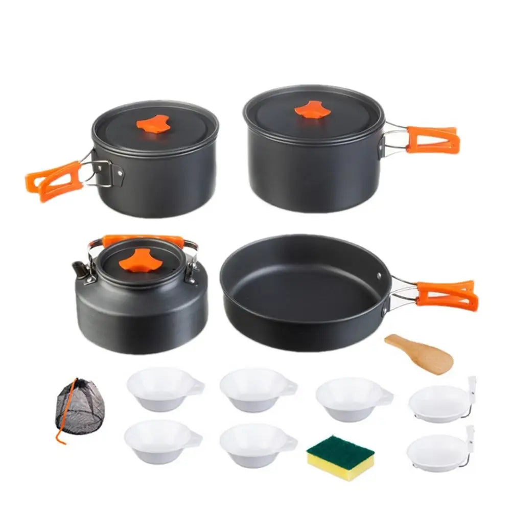 Juego de utensilios de cocina portátiles para acampar Kit de vajilla de olla al aire libre Agua para cocinar Sartén Hervidor de agua Utensilios de viaje Equipo de picnic de senderismo