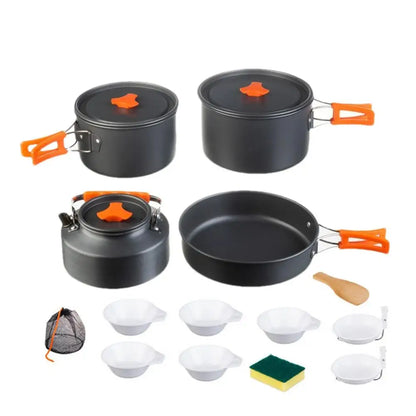 Juego de utensilios de cocina portátiles para acampar Kit de vajilla de olla al aire libre Agua para cocinar Sartén Hervidor de agua Utensilios de viaje Equipo de picnic de senderismo