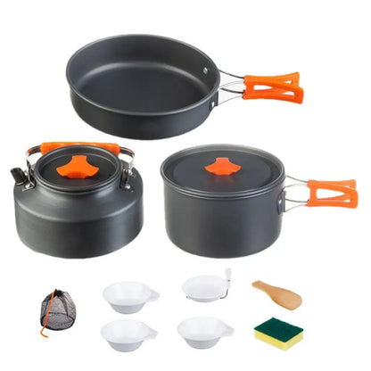 Juego de utensilios de cocina portátiles para acampar Kit de vajilla de olla al aire libre Agua para cocinar Sartén Hervidor de agua Utensilios de viaje Equipo de picnic de senderismo