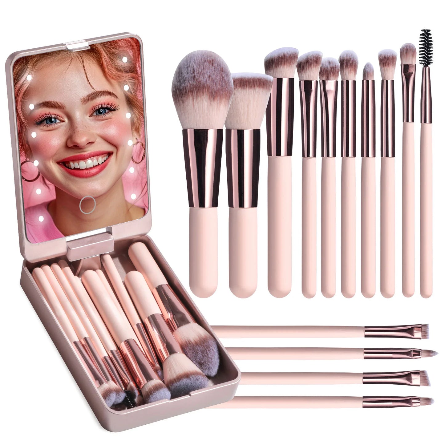 Juego de brochas de maquillaje profesional de 14 piezas con espejo iluminado y brochas de mango corto recargables por USB