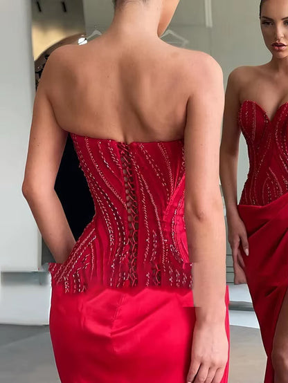 Aangepaste Rode Strapless Avondjurken Luxe Sexy Kralen Mouwloze Baljurk Elegante Feestjurk Gewaden De Soirée Retro