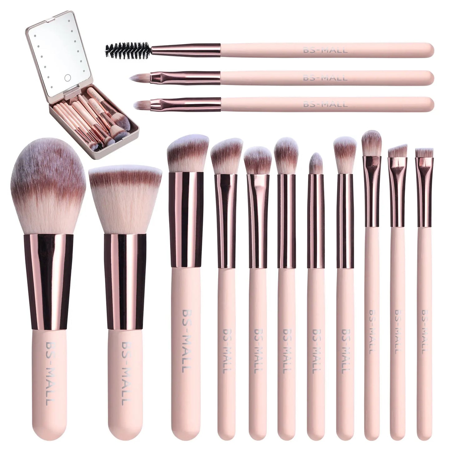 Juego de brochas de maquillaje profesional de 14 piezas con espejo iluminado y brochas de mango corto recargables por USB