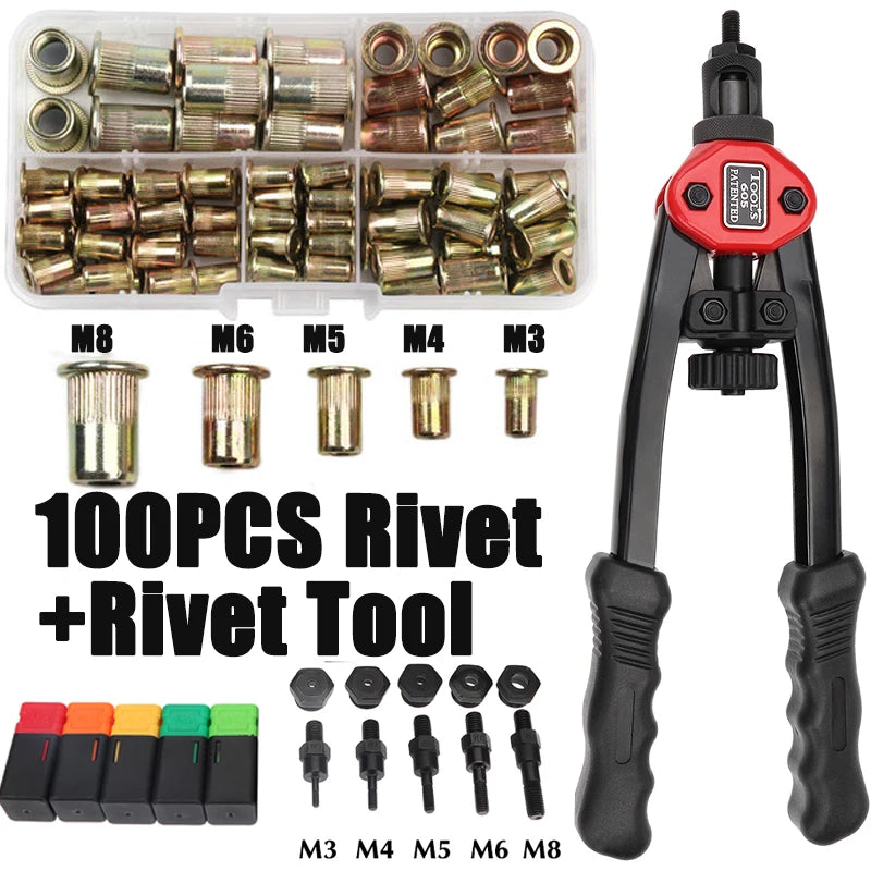 100Pcs Tuerca de remache + Tuercas de remache roscadas a mano Pistola BT606 M3 M4 M5 M6 M8 Doble inserto Manual Remacher Gun Remaching Rivnut Rivnut Rivet Tool
