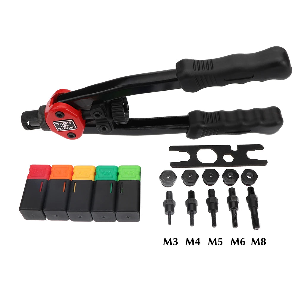 100Pcs Tuerca de remache + Tuercas de remache roscadas a mano Pistola BT606 M3 M4 M5 M6 M8 Doble inserto Manual Remacher Gun Remaching Rivnut Rivnut Rivet Tool