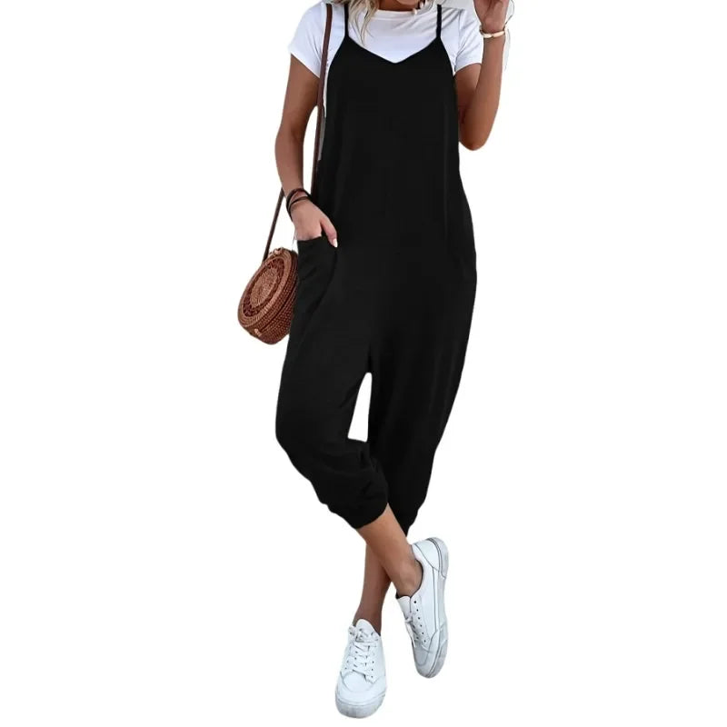 Plus Size Casual Zomer Dames Losse Mouwloze Jumpsuit Met Wijde Pijpen en Zakken - Comfortabele en Ademende Kleding (1XL-5XL)