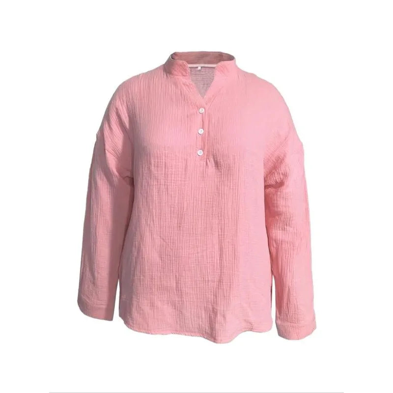 Plus Size Dames Casual Button-Up Shirts - Zomer Losse Geplooide V-Hals Lange Mouw Blouses (1XL-5XL)