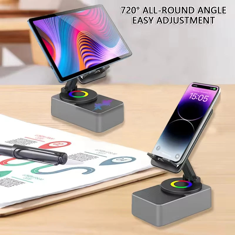 Altavoz Bluetooth plegable 3 en 1 y soporte para teléfono con rotación de 360 grados y banco de energía portátil para iPad y dispositivos móviles