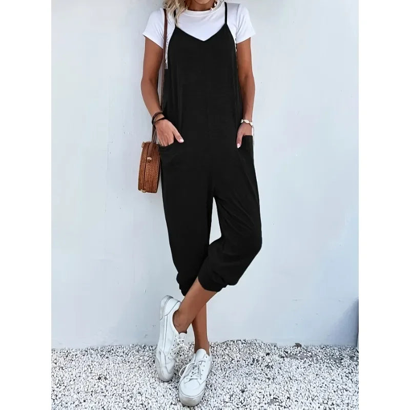 Plus Size Casual Zomer Dames Losse Mouwloze Jumpsuit Met Wijde Pijpen en Zakken - Comfortabele en Ademende Kleding (1XL-5XL)