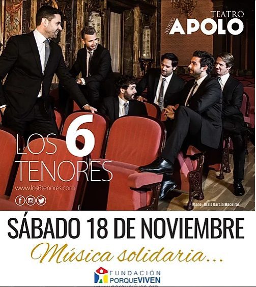 Paediatric palliative care Madrid Six elegant men talk and smile in a theatre. A solidarity concert has been announced by CAPPI Foundation becauseThey live in Madrid. CAPPI Porque Viven Foundation