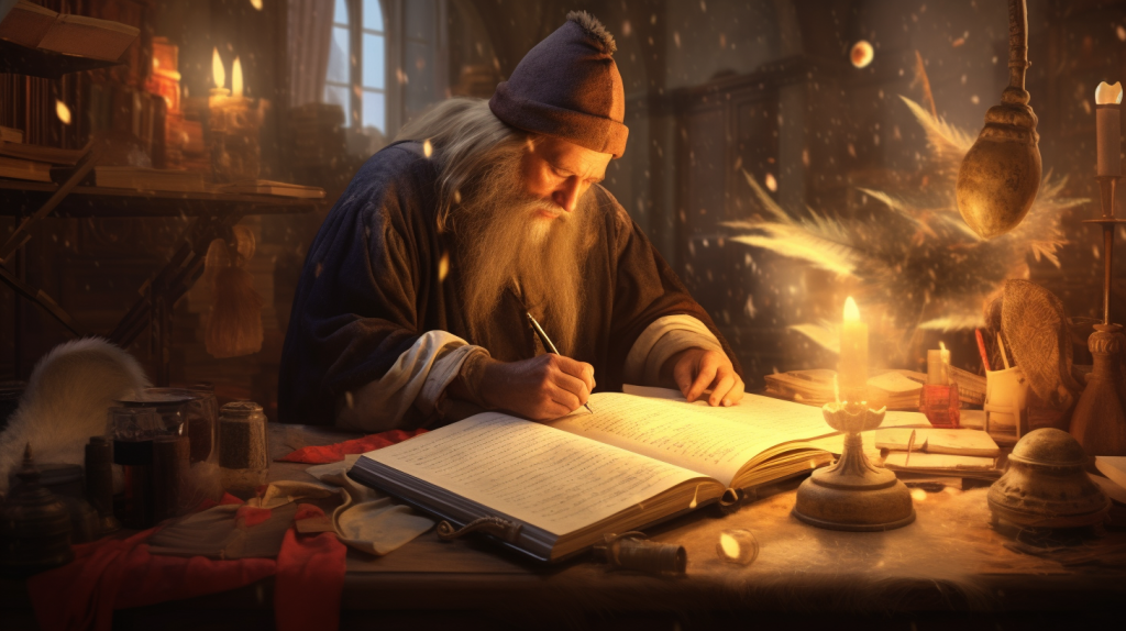Descubre qué es la inteligencia artificial generativa a través de nuestra imagen que captura a un hombre del Renacimiento escribiendo a una velocidad asombrosa. La obra está inspirada en los bocetos de Leonardo da Vinci y la paleta de colores de Proportione.