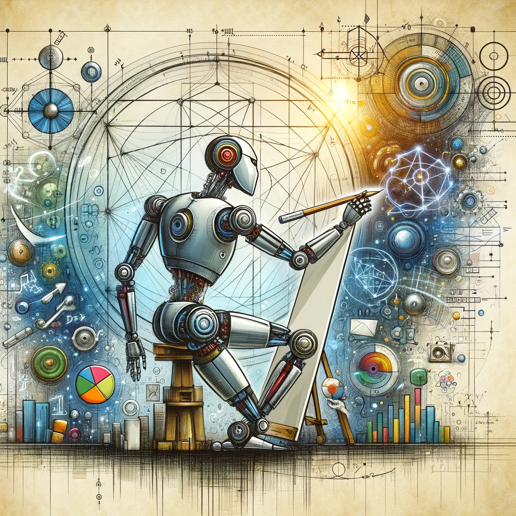 Un robot, rodeado de, gráficos, engranajes y, evocando una, matemática y