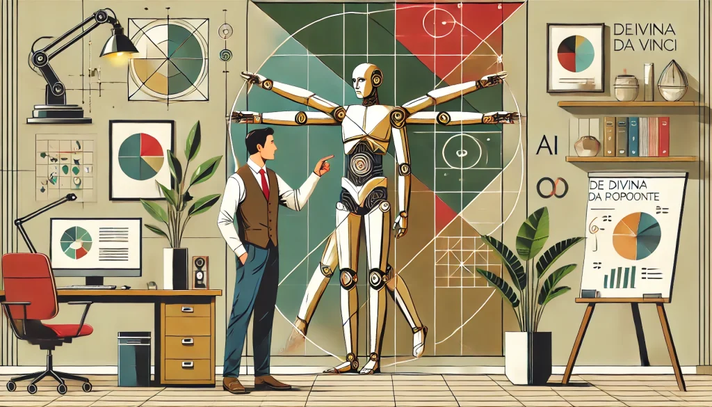 Un consultor de una agencia de marketing enseñándole a un colega cómo funciona un robot de inteligencia artificial. Imagen creada con DALL-E de OpenAI ChatGPT.