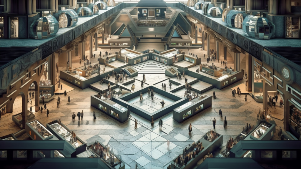 Um mercado, vitrines, tetos altos