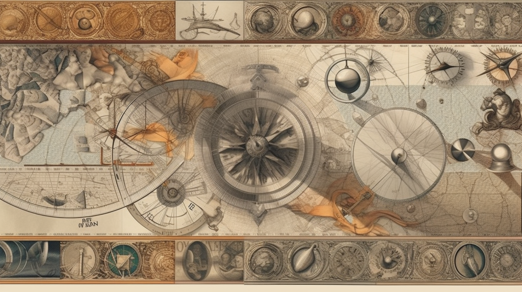 Uma colagem, bússolas, astrolábios, figuras clássicas, dispostas simetricamente, evocando, navegação e