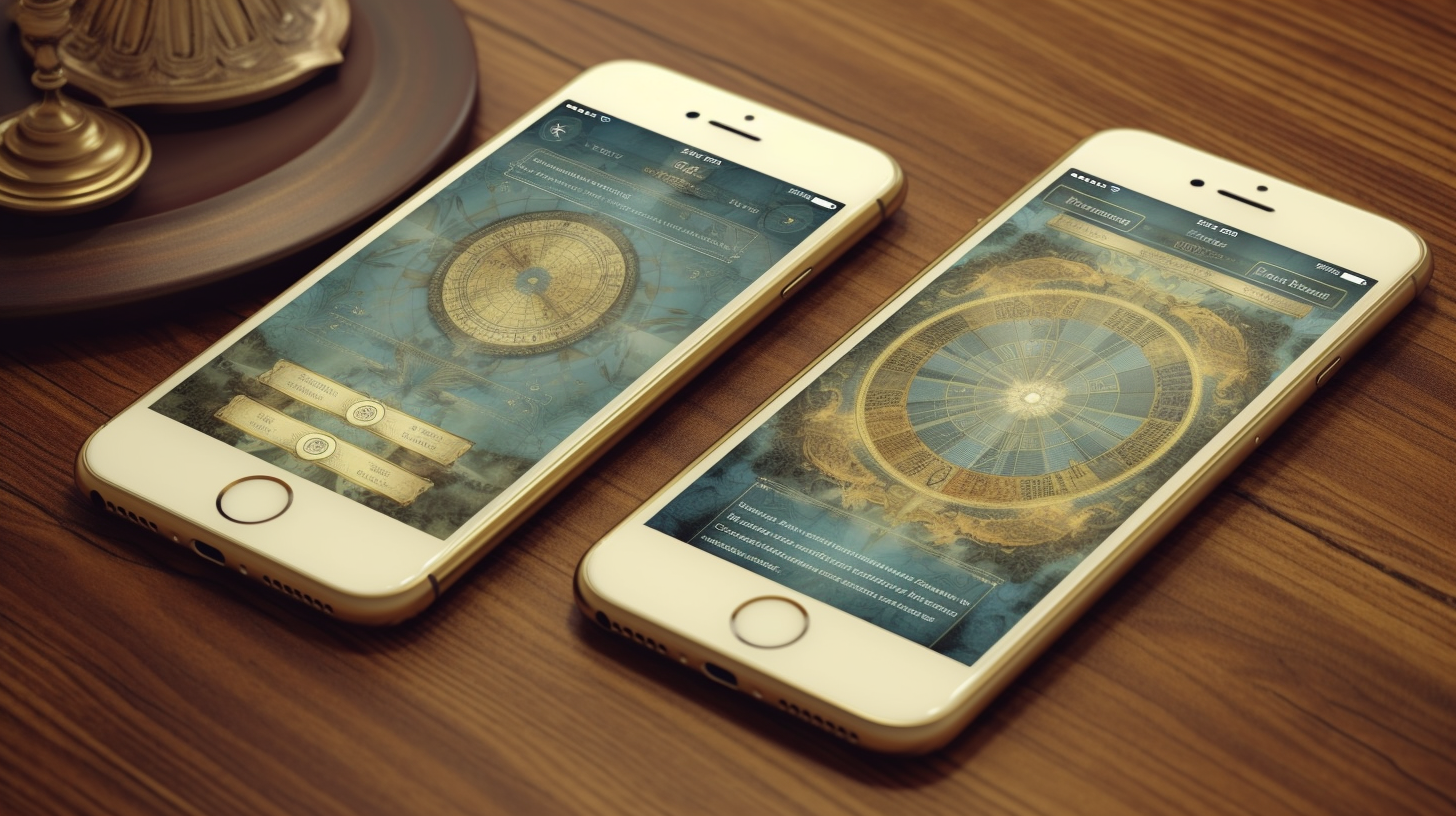 Dois smartphones assentam numa superfície de madeira e exibem interfaces de aplicações inspiradas nas proporções - tecnologia de estratégia e pessoas com intrincados mapas astrológicos ou de navegação antigos em azul e dourado. Ao fundo, um objeto decorativo é parcialmente visível.