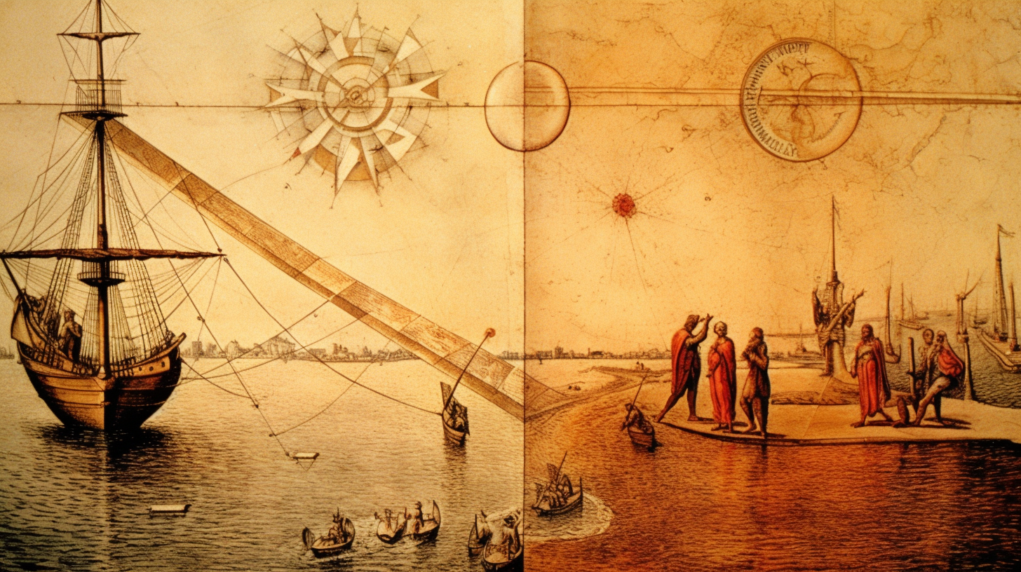 Um antigo, vários barcos, com símbolos