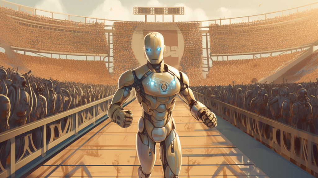 A robot, powered by, walks by, while a