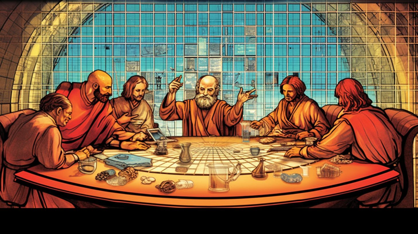 Seis homens, de frente um para o outro, envolveram-se, enquanto um