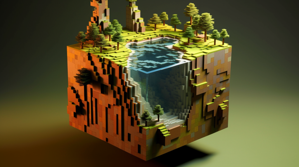 Descubra o que é IA generativa com o Proportione através da nossa imagem que ilustra um mundo Minecraft a ser criado a partir de um único bloco inicial. A obra combina elementos hiper-realistas com a estética icónica de Minecraft.