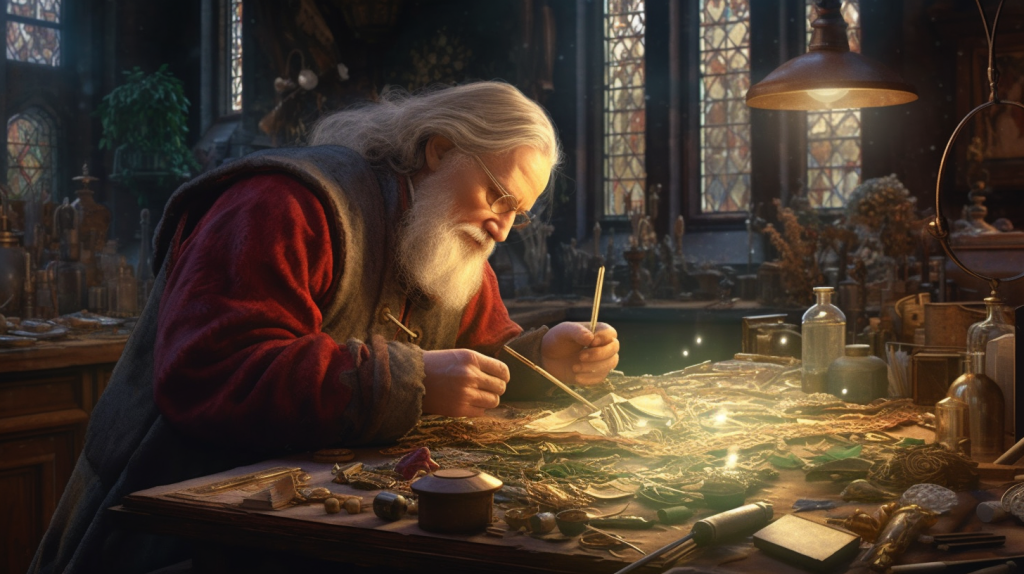 Um velho, usando óculos, verifica cuidadosamente, como um, em um