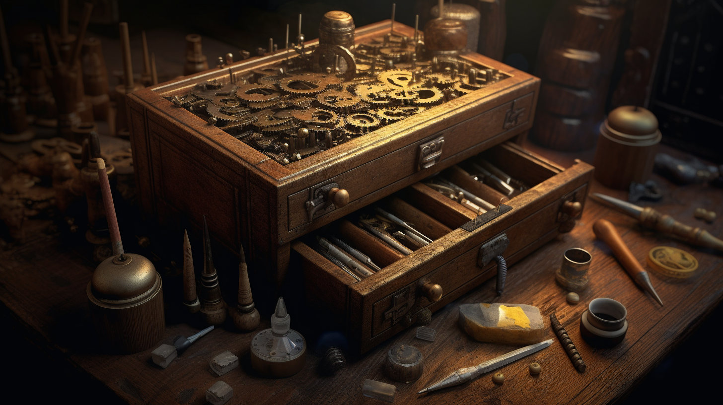 Uma caixa, sugerindo o, ferramentas e