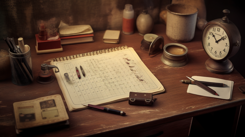 Uma secretária, canetas, um pequeno, um relógio, perfeito para