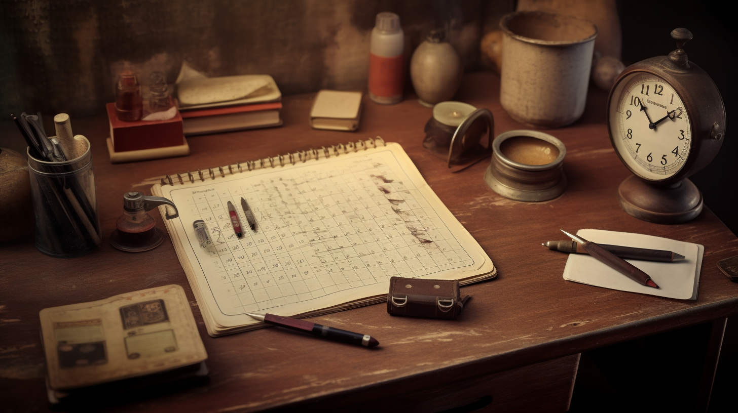 Uma secretária, canetas, um pequeno, um relógio, perfeito para