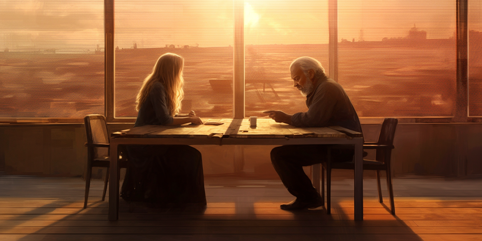 Descubra a importância dos programas um-para-um através da nossa imagem que mostra duas pessoas numa conversa profunda e solidária. A obra é inspirada nos esboços de Leonardo da Vinci e na paleta de cores da Proportione.