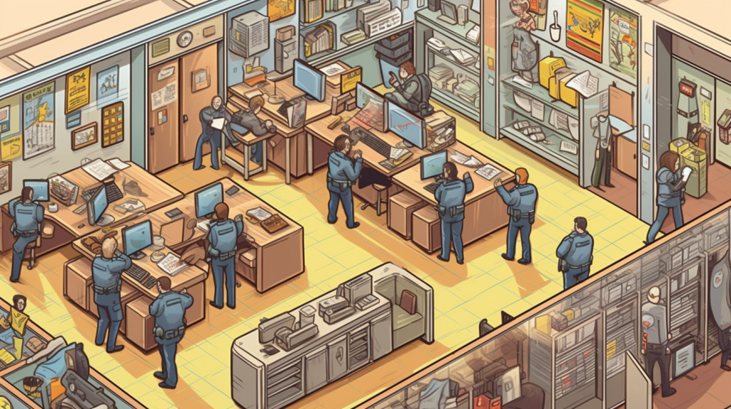 Um ocupado, usando computadores, conversando entre, arquivando armários e