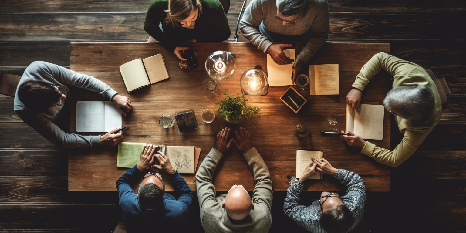 Six people, collaborating in, while one