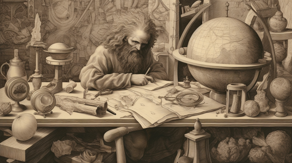 Uma pessoa, mapas, um globo, estudando e, evocando um