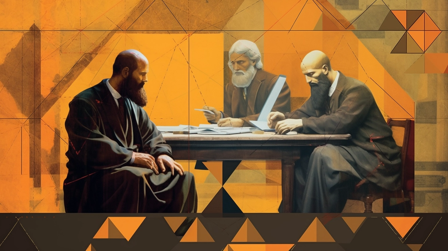 Três homens, vestidos, sentam-se