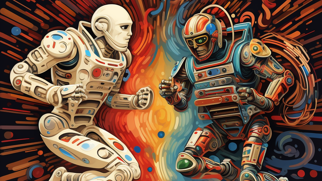 Dos robots, rodeados de, capturando la