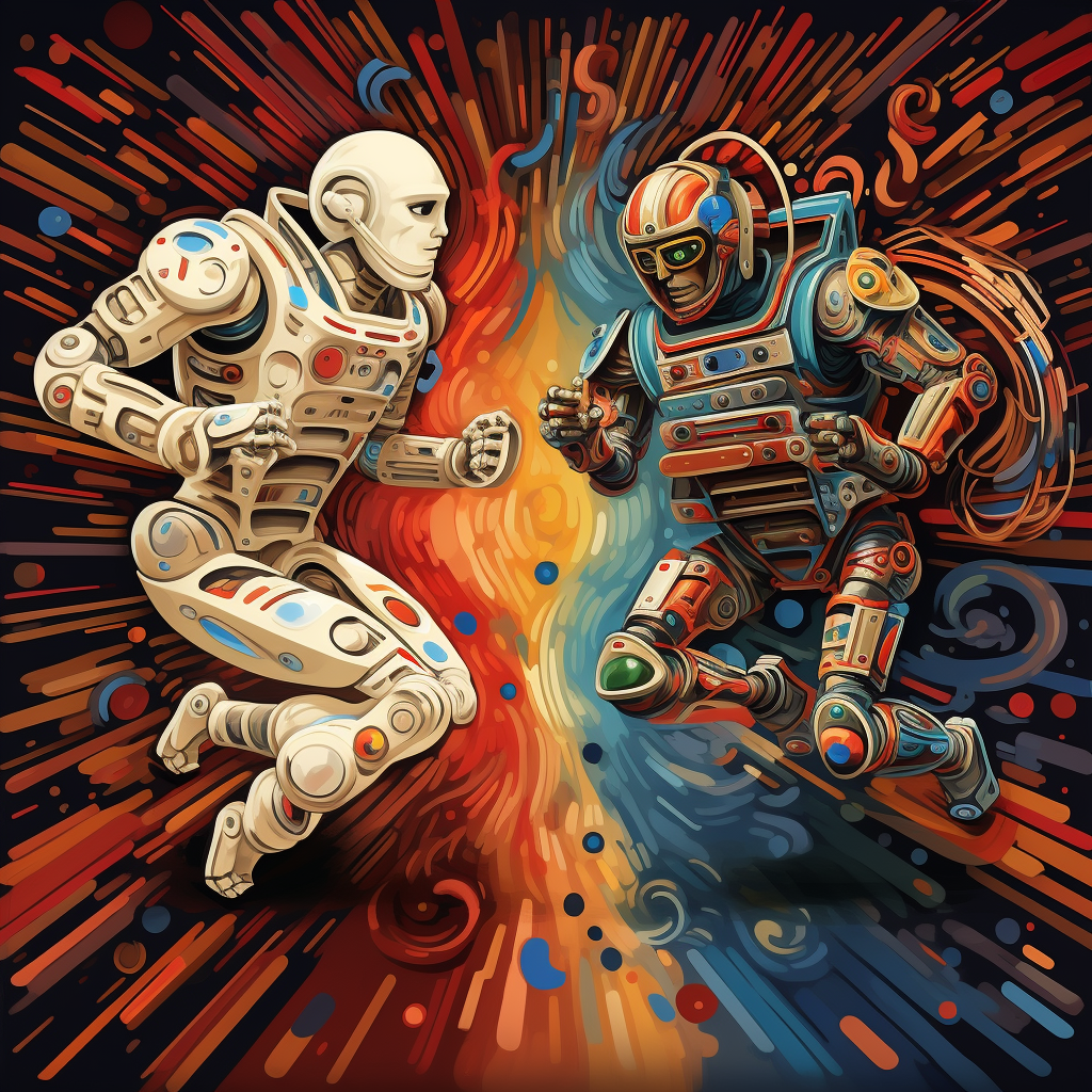 Dois robôs, um branco, o outro, ilustrando o, laranjas e