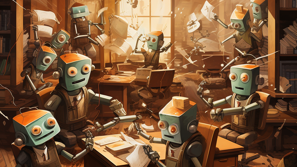 Vários robôs, vestidos, trabalham freneticamente, ilustrando uma