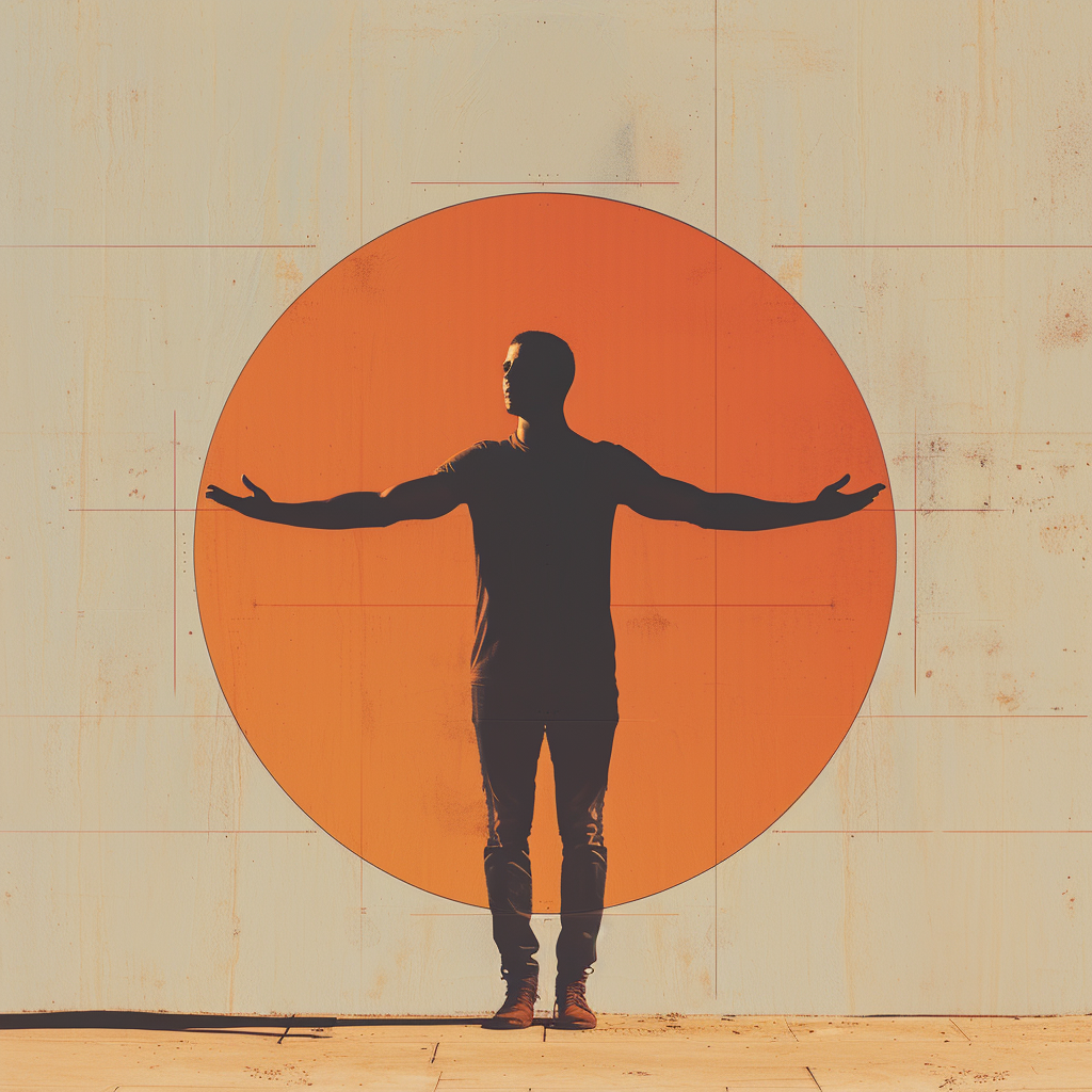 Uma pessoa está de braços estendidos em frente a uma parede sobre a qual um grande círculo laranja projeta uma sombra no chão: uma composição minimalista e geométrica que evoca ideias de transformação digital e inovação.