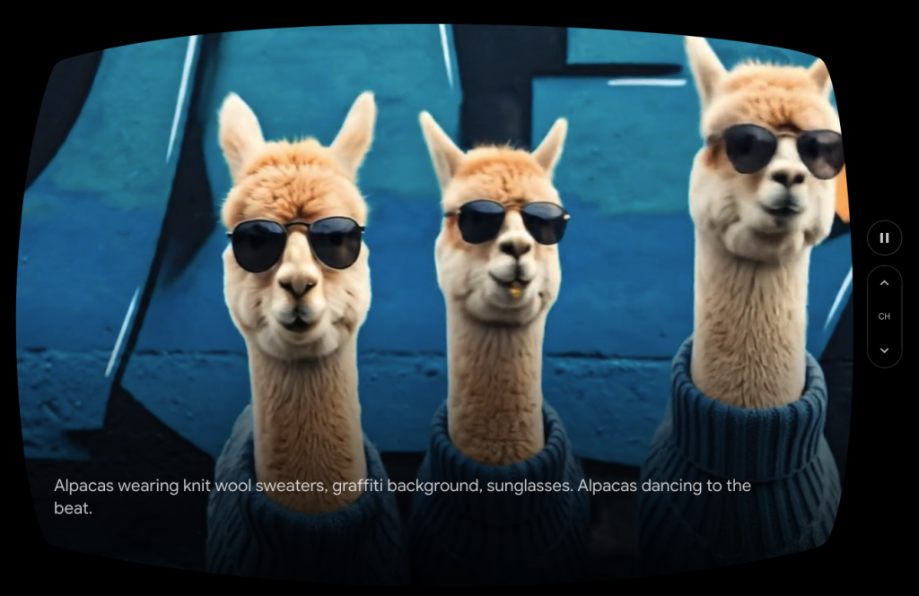 Três alpacas em camisolas de lã de malha e óculos de sol dançam em frente a uma parede azul de graffiti. O texto na tela destaca a transformação digital. Os botões da TV estão alinhados à direita da imagem.
