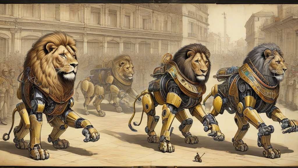 Quatro leões, símbolos de, caminham