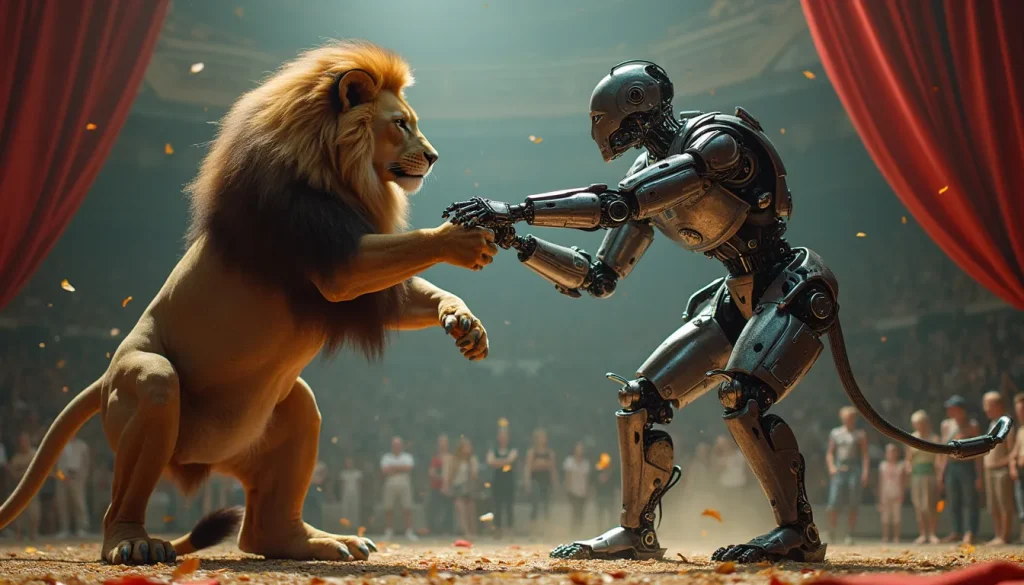 Um leão, produto de, confronto, rodeado de