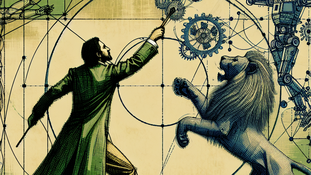 Um homem, com diagramas, círculos e, simbolizando