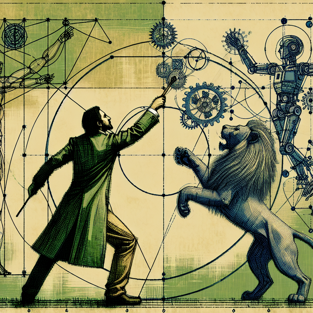 Um homem, com diagramas, que mistura, arte e