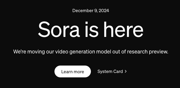 Um fundo preto com texto branco anuncia que Sora está aqui e afirma que o modelo de geração de vídeo de IA generativa está fora da visualização da pesquisa. Os botões "Saiba mais" e "Cartão do sistema" destacam esse avanço na transformação digital.