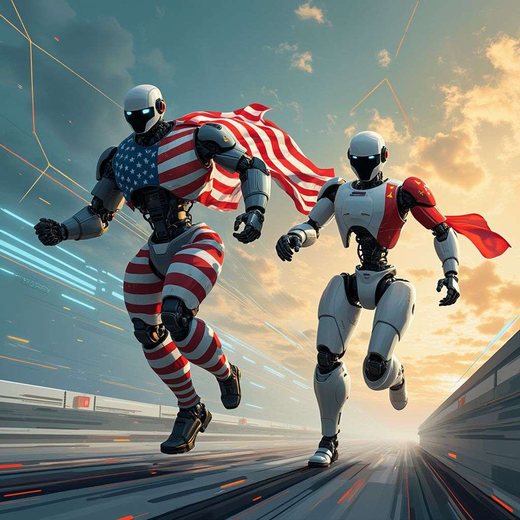 Dois robôs, simbolizando o, e o, branco e